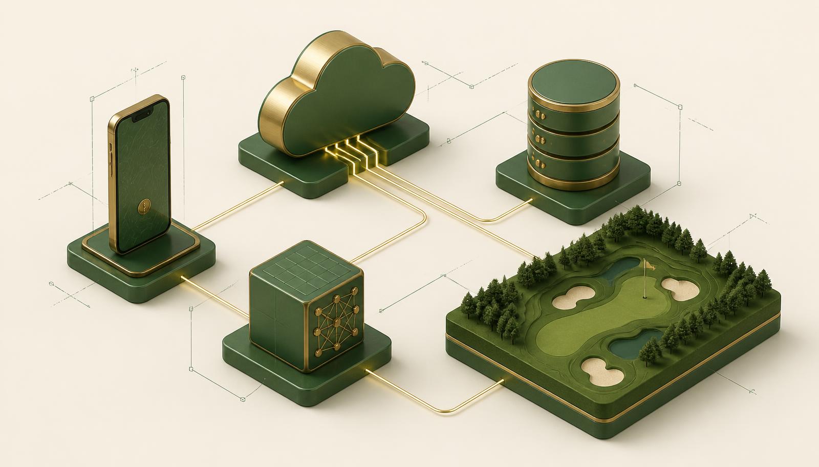 3D CAD architecture diagram of the Golf Genie platform
