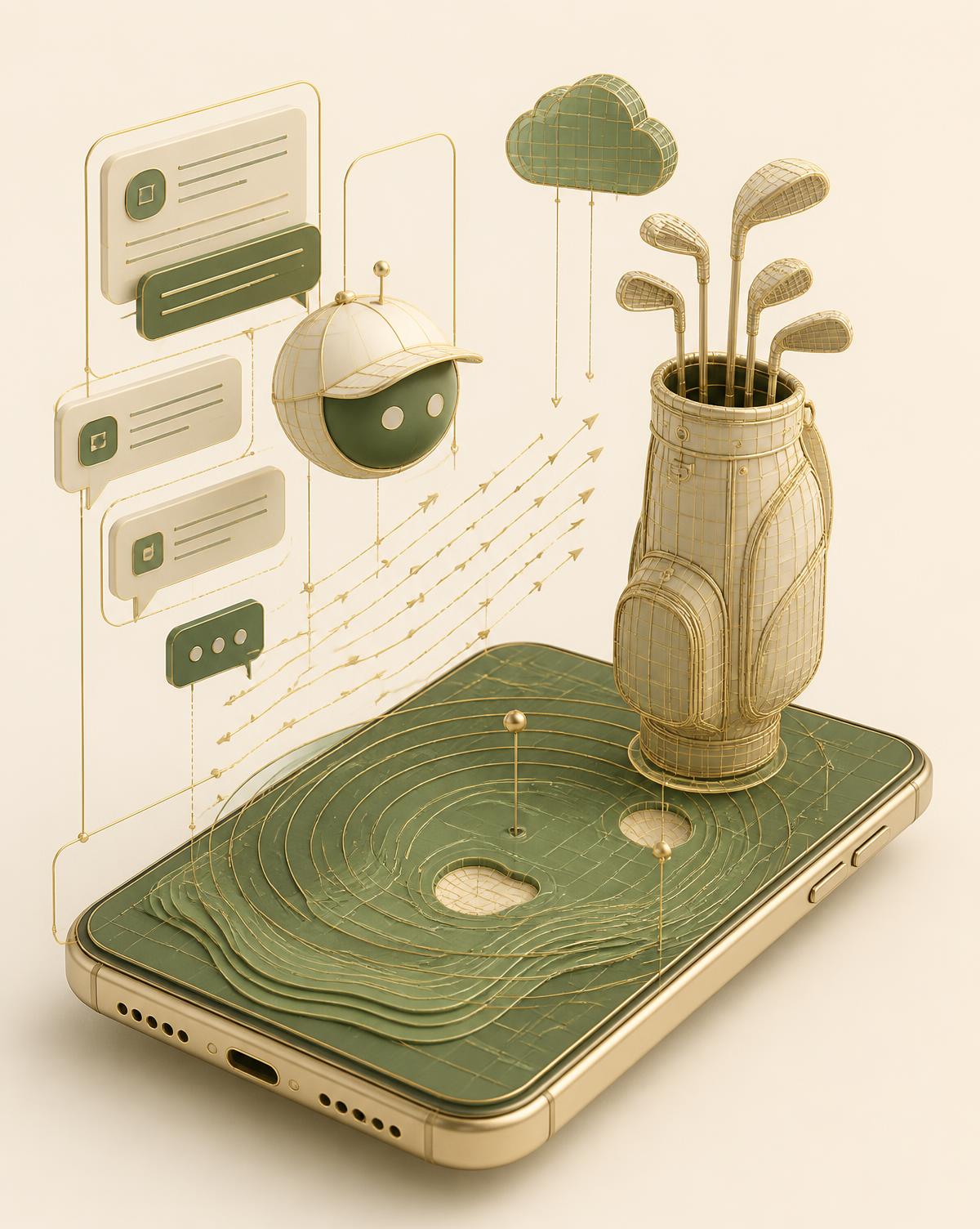 3D CAD render of an AI caddie phone with wind vectors and a wireframe golf bag