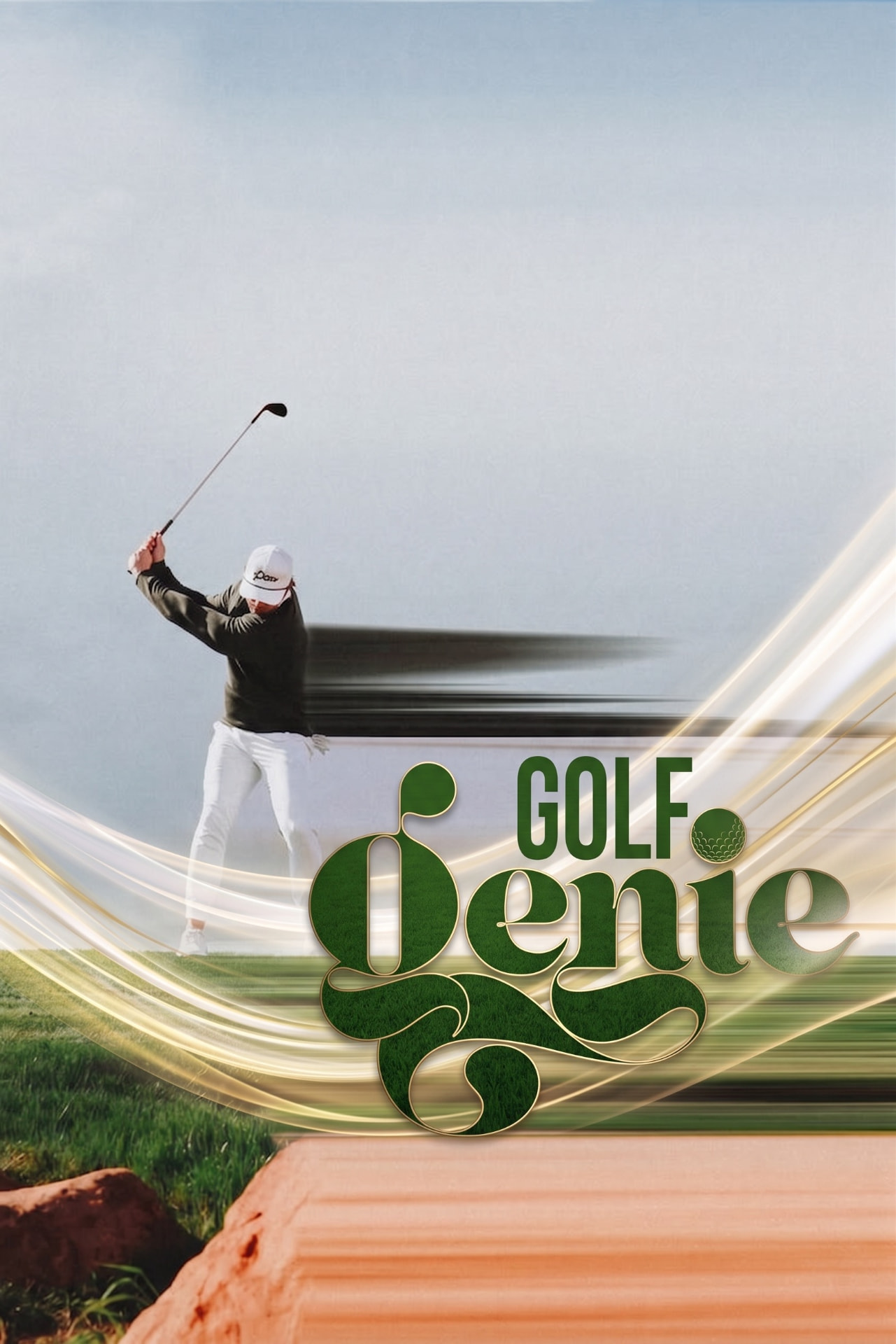 Golfer mid-swing with the Golf Genie wordmark