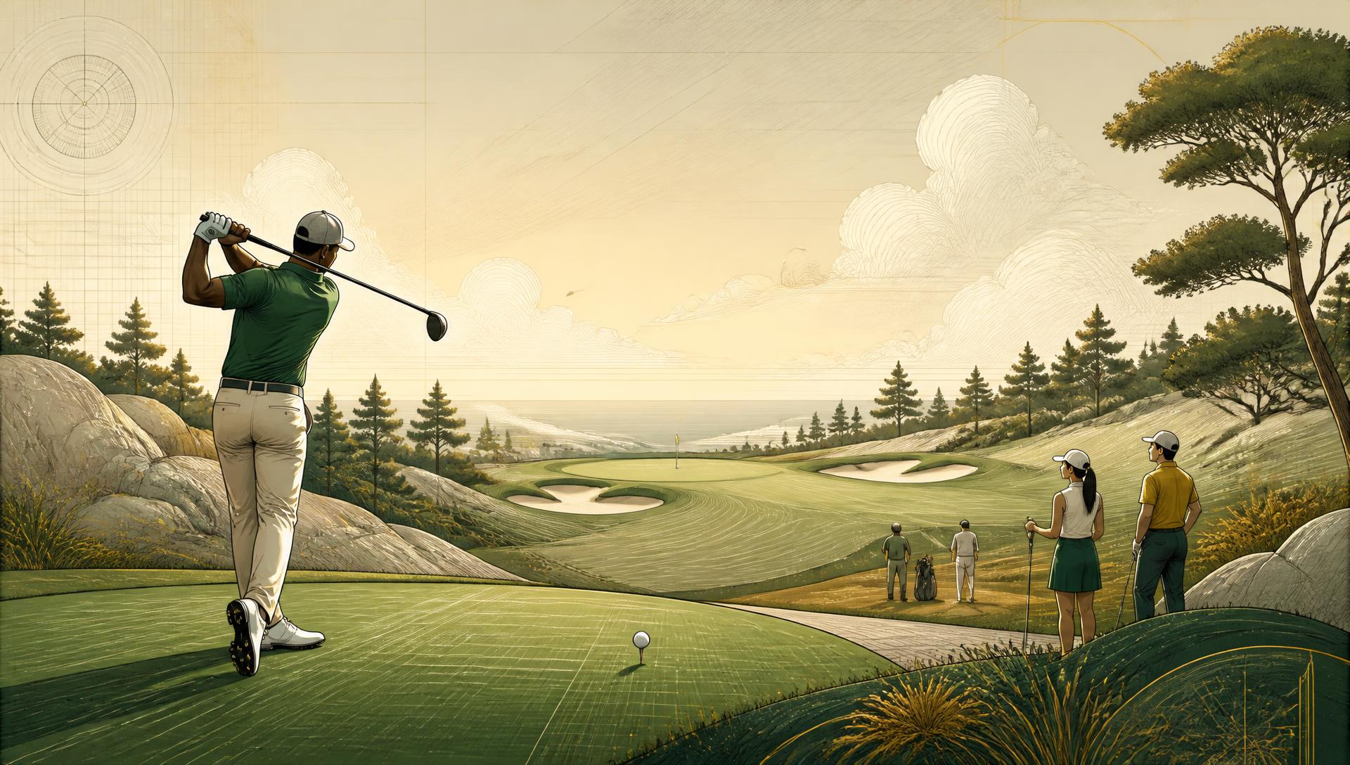 Illustrated championship tee shot over the coast