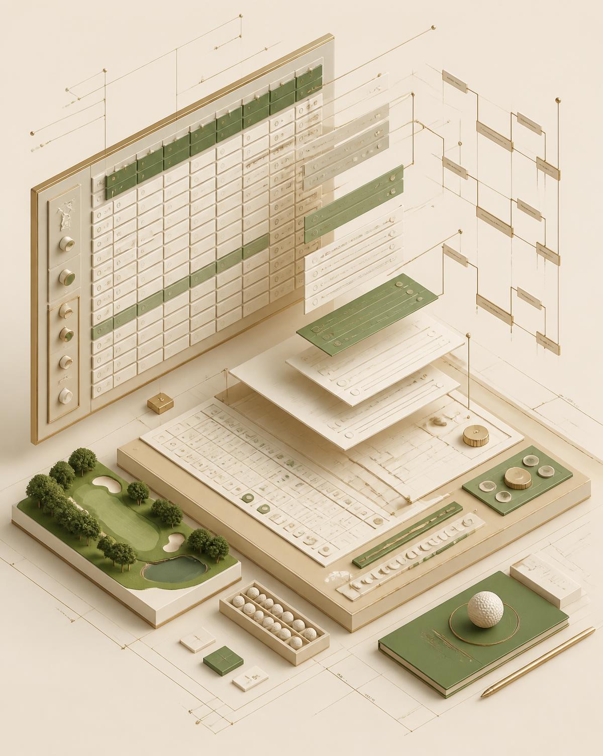 3D CAD render of a tournament tee sheet, pairings board and flight brackets