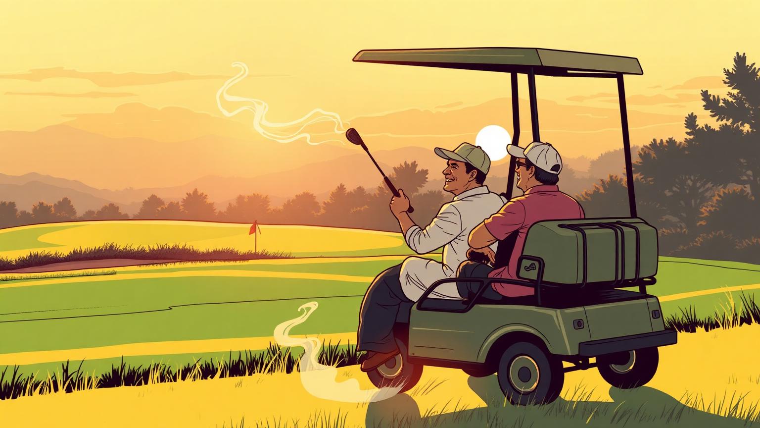 Two members riding a golf cart at golden hour